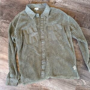 Mesh Button-Up Shirt in Olive Green